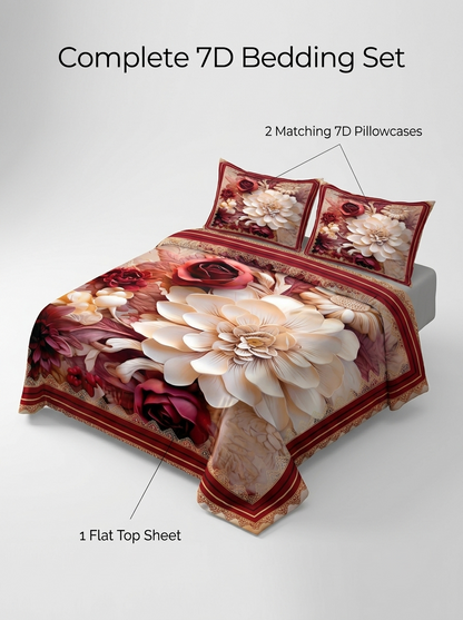7D Royal Blossom Bliss 280-TC Premium king Size Bedsheet (Red-Cream)