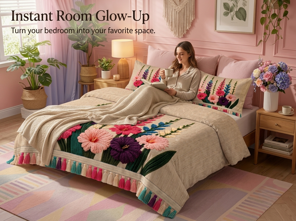 Bloomscape 280-TC Printed Bedsheet Set - (Natural Beige)