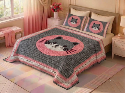 Pink Kitty 280-TC Printed Paradise Bedsheet Set - (Grey & Pink)