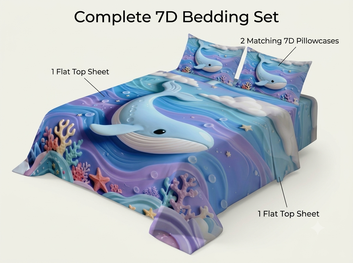 Fairy Tale Blue Whale 280-TC 7D Bedsheet Set - (Blue)