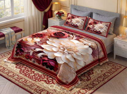 7D Royal Blossom Bliss Premium king Size Bedsheet (Red-Cream)