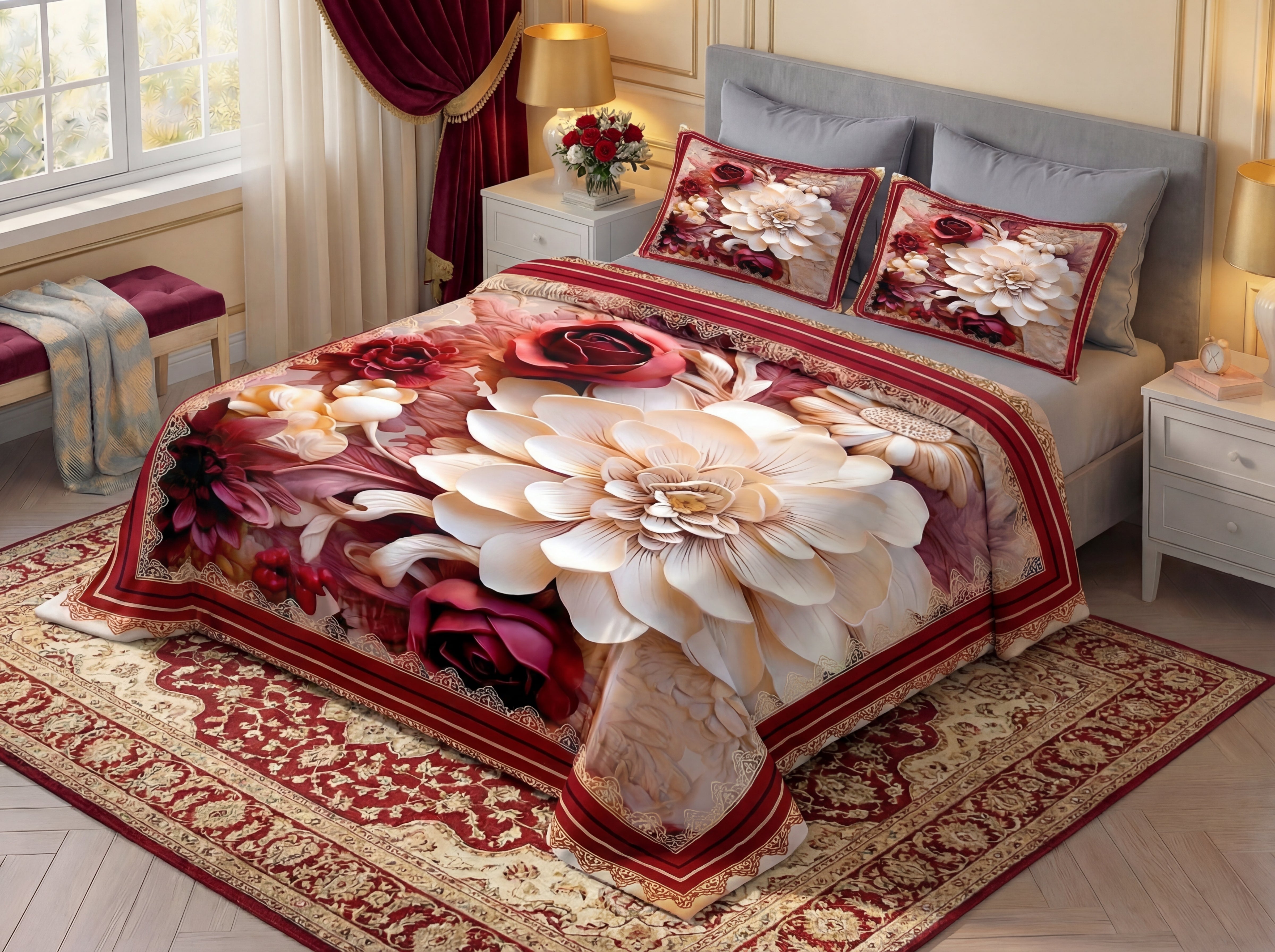 7D Royal Blossom Bliss Premium king Size Bedsheet (Red-Cream)