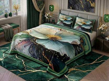 7D Celestial Petal Premium King Size Bedsheet (Green-White)