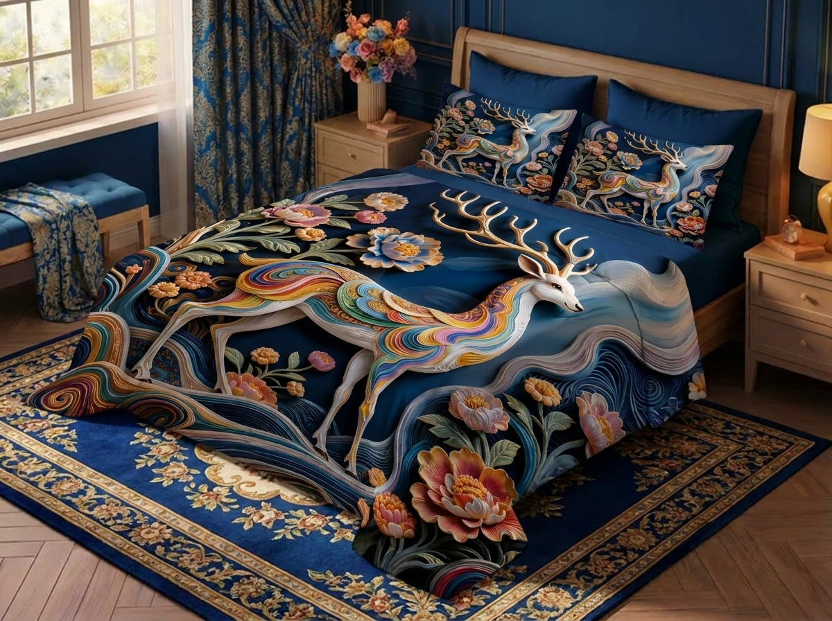 Fairy Tale Deer 7D Bedsheet Set – (Navy Blue)