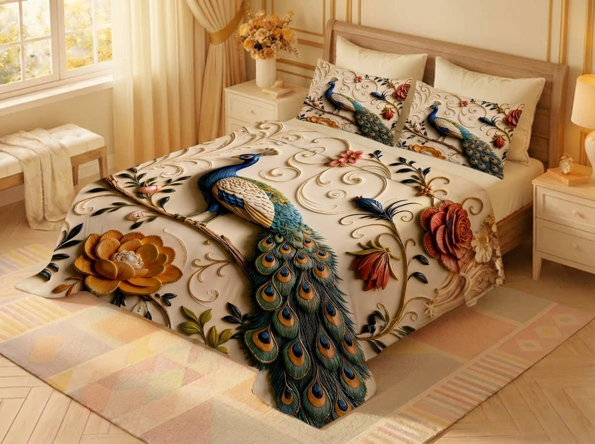 Fairy Tale Peacock 7D Bedsheet Set – (pearl ivory)