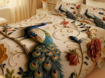 Fairy Tale Peacock 7D Bedsheet Set – (pearl ivory)