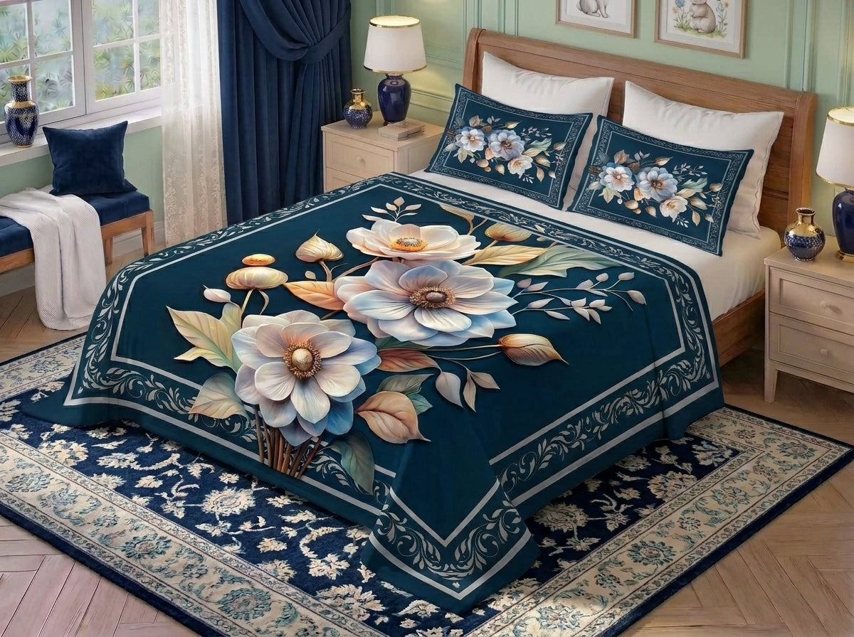 Fairy Tale Midnight Flower 7D Bedsheet Set – (Navy)