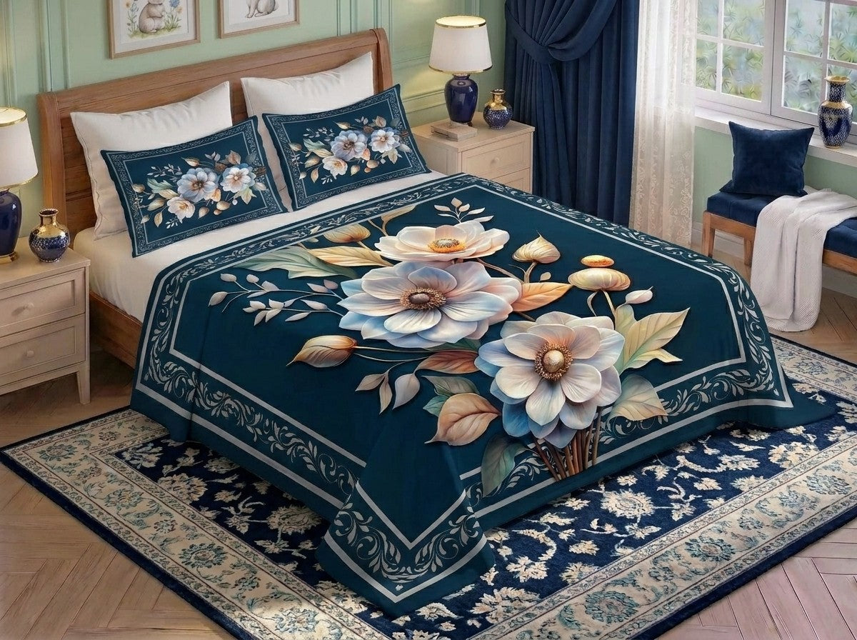 Fairy Tale Midnight Flower 7D Bedsheet Set – (Navy)