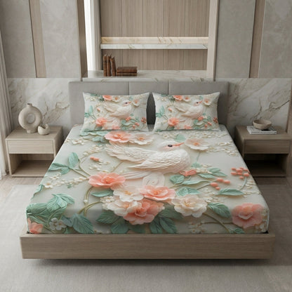 Fairy Tale Bird 7D Bedsheet Set – Ivory Peach