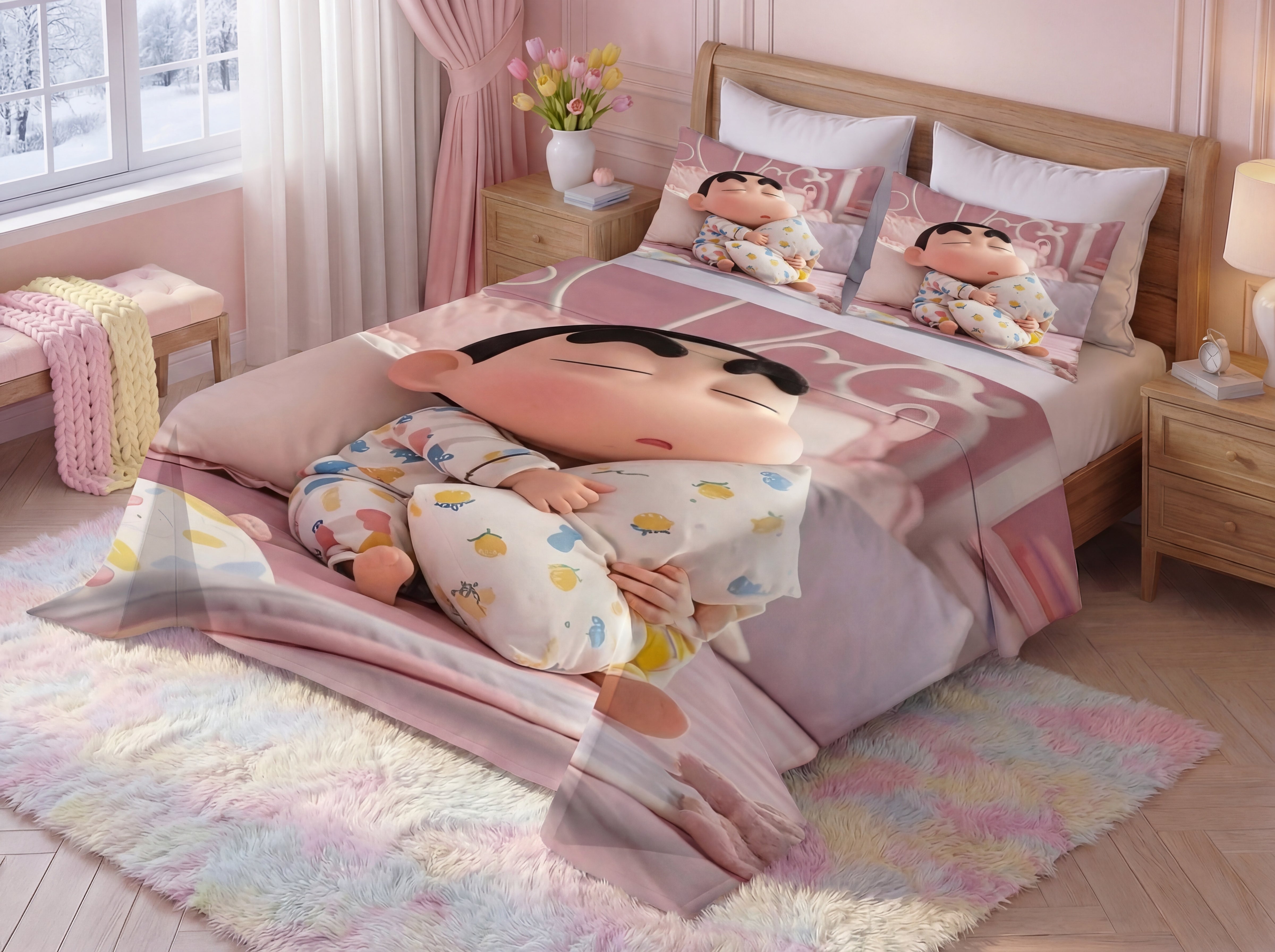 Fair Tale Shinchan giggles 7D Bedsheet Set - (red blue)