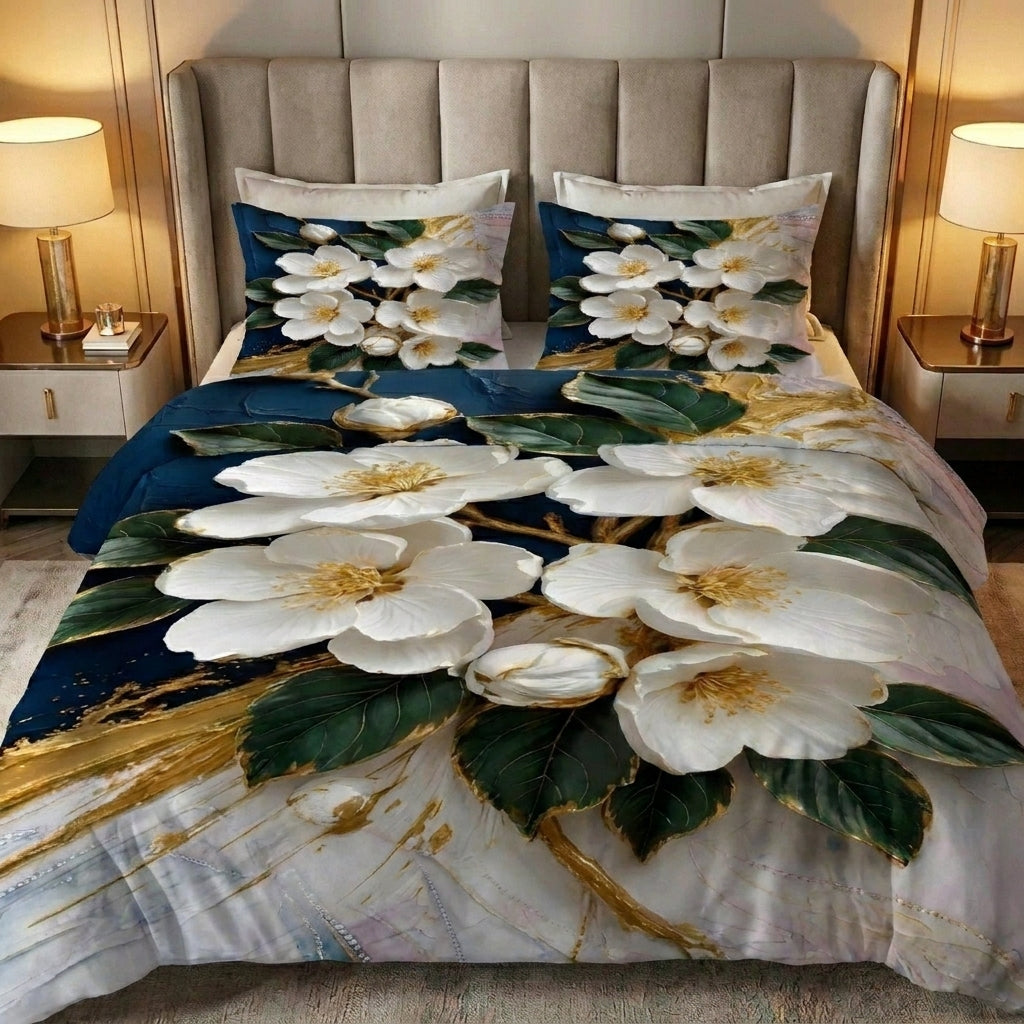 White Orchid 7D Bedsheet & Curtain Combo Set