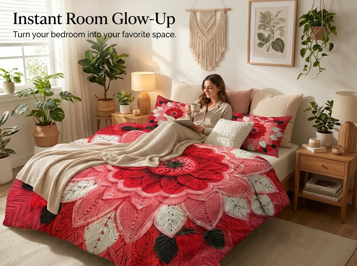 Strawberry Bloom 280-TC Printed Crochet Paradise Bedsheet Set - (Red)
