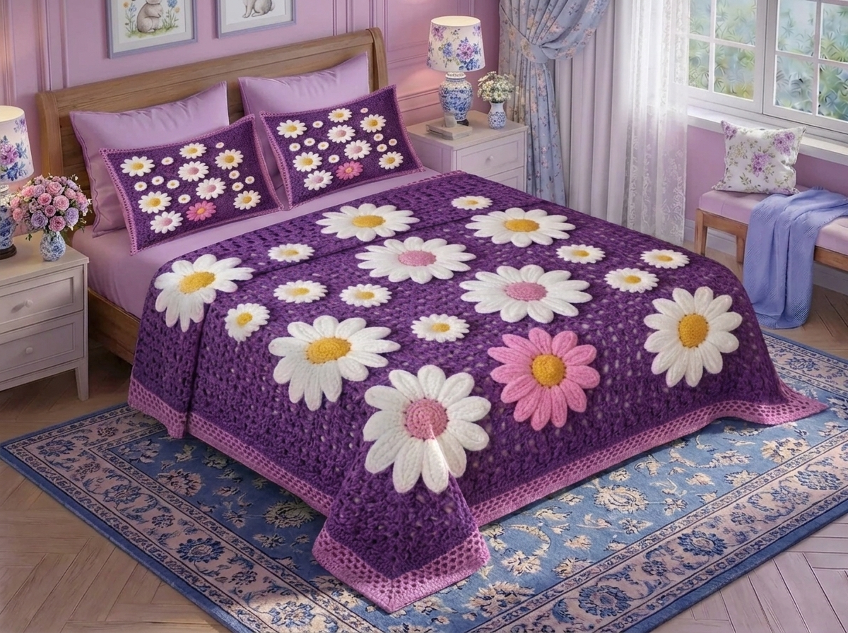 Purple Crochet Petal Paradise Bedsheet Set - Violet