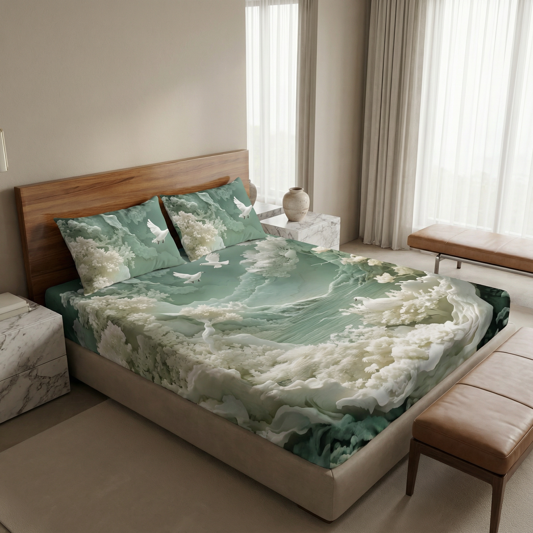 Fairy Tale Flying Doves 7D Bedsheet Set – Green