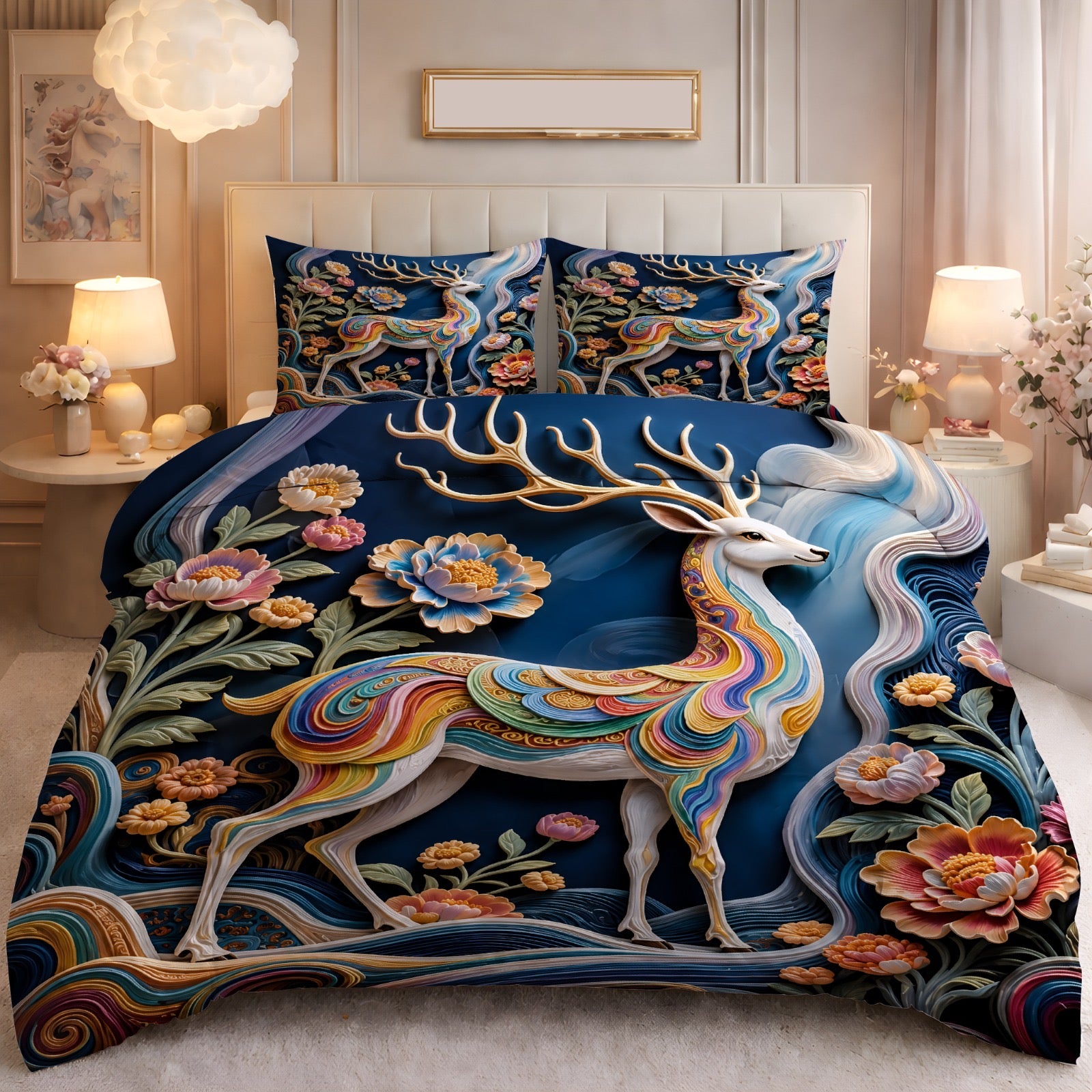 Fairy Tale Deer 7D Bedsheet Set – (Navy Blue)