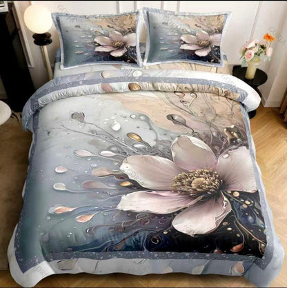 7D Aqua Bloom Mirage Premium king Size Bedsheet (blue-grey)