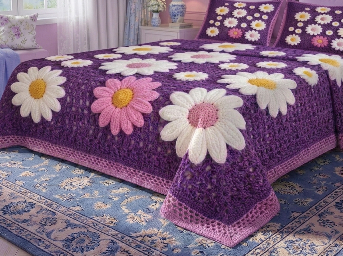 Purple Crochet Petal Paradise Bedsheet Set - Violet