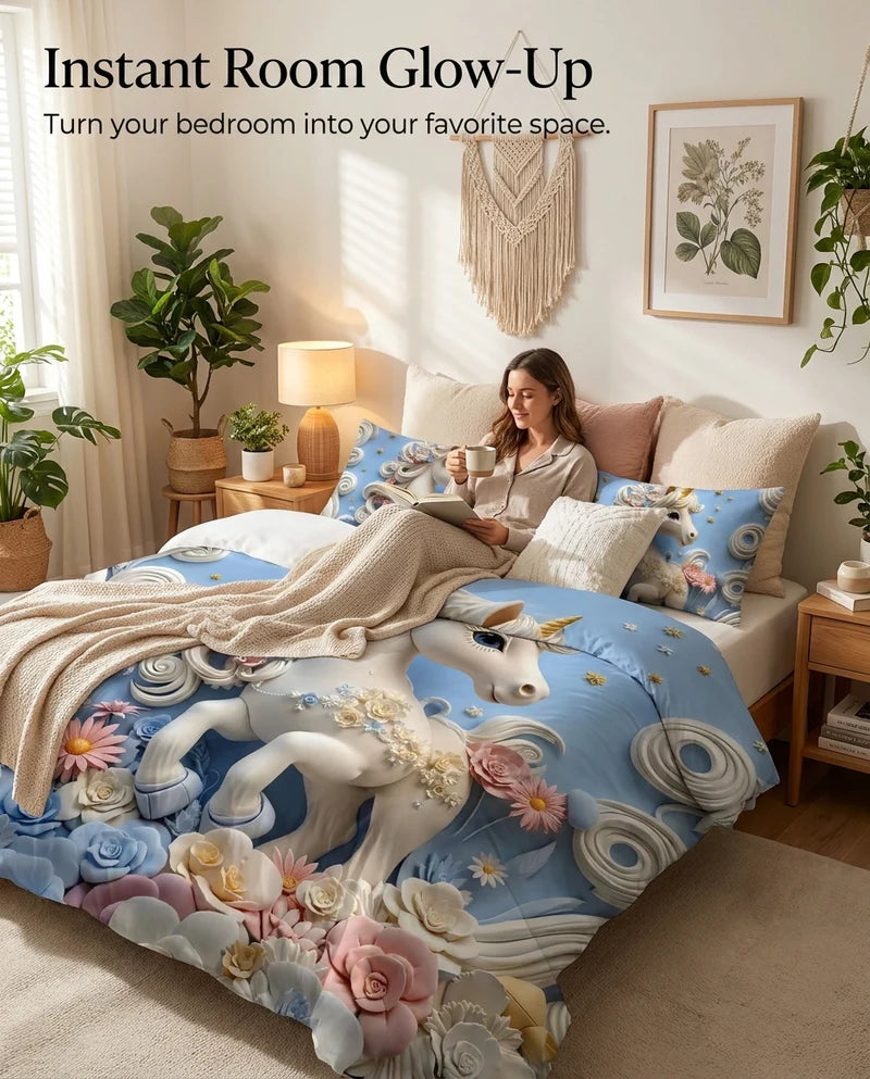 Fairy Tale Unicorn 7D Bedsheet Set – Blue