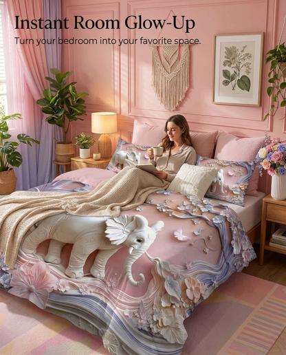 Fairy Tale Elephant 7D Bedsheet Set – Pink