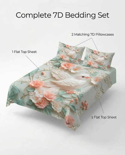 Fairy Tale Bird 7D Bedsheet Set – Ivory Peach