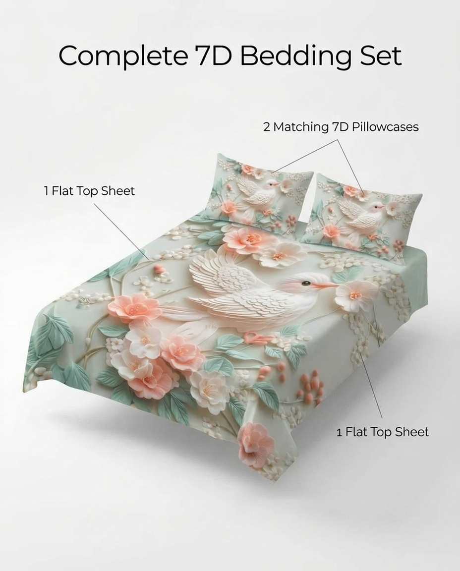 Fairy Tale Bird 7D Bedsheet Set – Ivory Peach