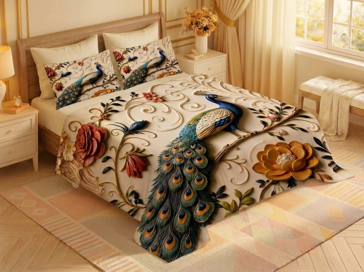 Fairy Tale Peacock 7D Bedsheet Set – (pearl ivory)