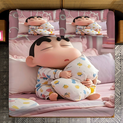 Fair Tale Shinchan giggles 7D Bedsheet Set - (red blue)
